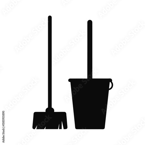 Silhouette of cleaning bucket with mop leaning together ready for work on white background