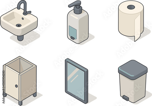 Bathroom items collection - soap dispenser, sink, toilet paper, cabinet, mirror, trash bin