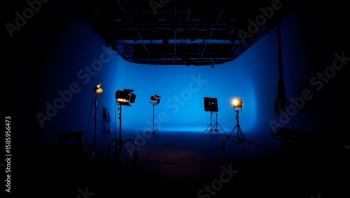 Professional Studio Lighting Setup with Powerful Lamps Illuminating a Vibrant Blue Backdrop for Film and Photography Production