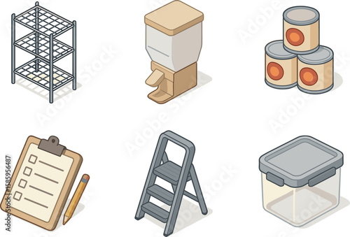 Isometric storage solutions illustration with shelves, dispenser, cans, checklist, ladder, and container