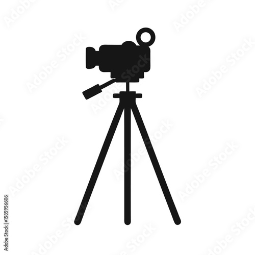 Silhouette of camera mounted on tripod with white background for photography theme  