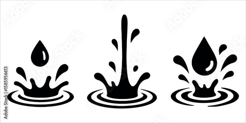 Minimal water droplet icon set featuring splash and dribble shapes in flat line vector style. Symbolizing purity, hydration, rain, water conservation, fluidity, and environmental elements.