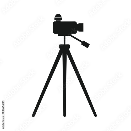 Silhouette of professional camera on tripod with clean white background  