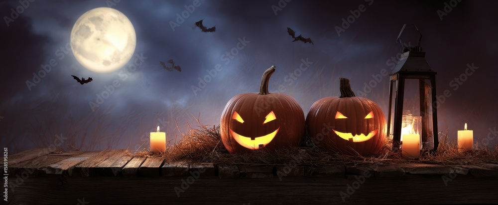 Fototapeta premium The glowing pumpkins illuminate the Halloween night under the full moon.