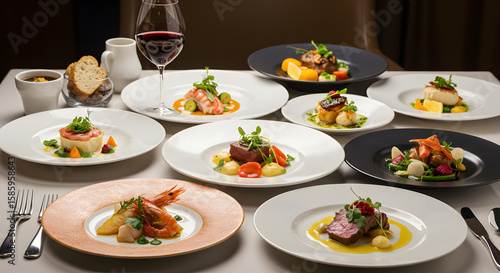 Lavish dining table with colorful gourmet dishes beautifully plated in an elegant restaurant setting – appetizing and refined food photography perfect for luxury dining, hospitality, and culinary them