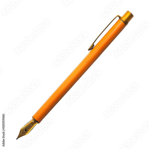 Vibrant orange fountain pen with gold-toned accents at the clip and nib, angled against a black background