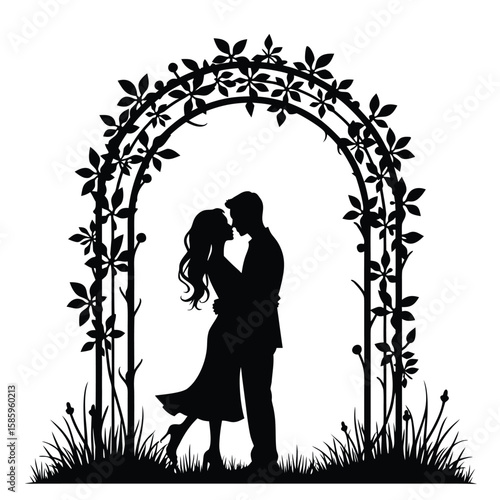 Couple embracing under floral archway embrace silhouette