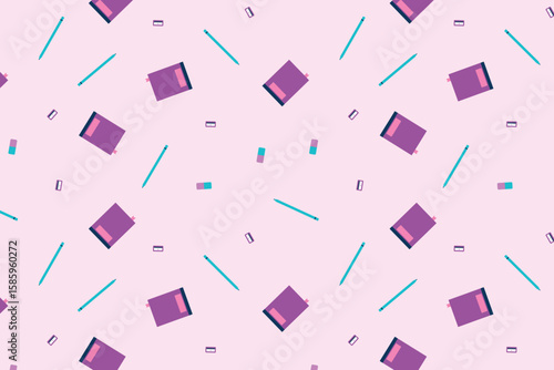 Scatter seamless pattern with book, pencil, eraser and manual pencil sharpener. Stationery repeat background for wrapping