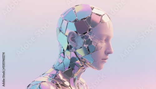 Symbolic psychology of narcissistic ego. A futuristic humanoid figure with a fragmented, reflective surface, symbolizing the fusion of technology and identity in a soft pastel environment.