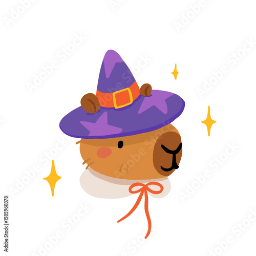 Halloween capybara clipart set with cute animals dressed as ghost, witch, mummy, pumpkin and candle. Funny spooky bara illustration with pumpkins, candles, stars and magic Halloween vibes.