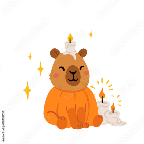 Halloween capybara clipart set with cute animals dressed as ghost, witch, mummy, pumpkin and candle. Funny spooky bara illustration with pumpkins, candles, stars and magic Halloween vibes.
