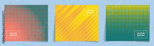 Banner templates with halftone structure patterns vector collection. Geometric notebook cover pages. Abstract backdrops for technological projects. Corporate branding design.