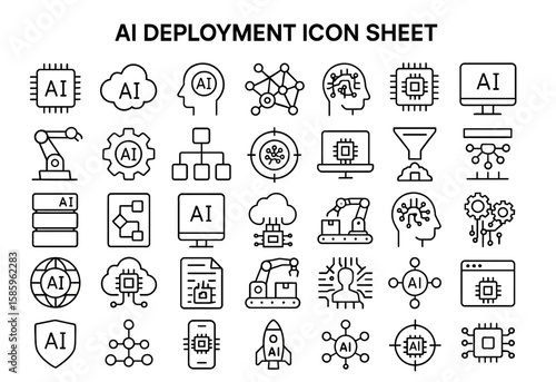 AI Deployment Icon Sheet: A comprehensive array of crisp, simple, monochromatic icons, each a symbol of artificial intelligence, ready for graphic resources.