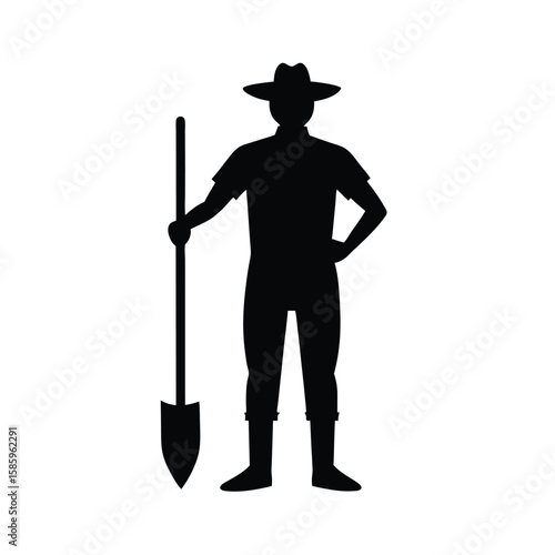 Silhouette of farmer standing with shovel on white background for agriculture theme  