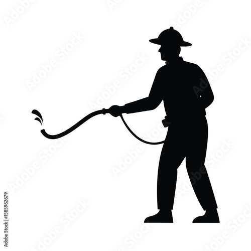 Brave firefighter silhouette using hose to spray water in action scene on white background