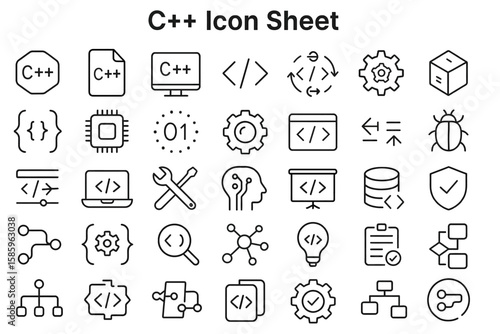 C++ Icon Sheet: A comprehensive collection of meticulously crafted C++ icons, embodying the essence of coding and software development, perfect for design projects and educational materials.