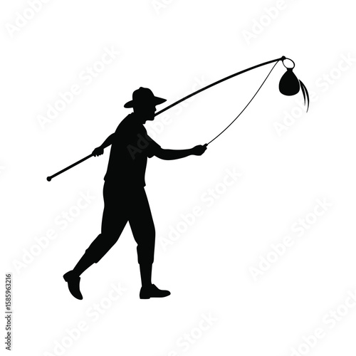 Fisherman silhouette casting net in graceful arc for catch on white background