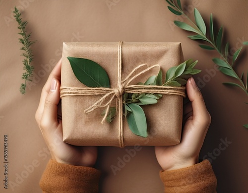 eco and sustainable gift wrapping ideas gift box in natural fabric holds in hands on craft background recycling concept and eco friendly alternatives generative ai