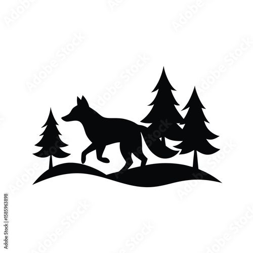 Silhouette of fox moving swiftly through forest representing wildlife speed on white background