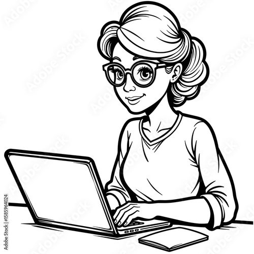 Senior woman using laptop, working at home office, copyspace