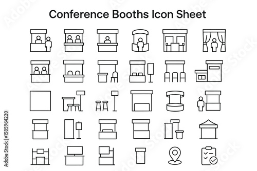 Conference Booth Icons: A comprehensive collection of diverse conference booth icons, providing a variety of styles and configurations for event planning and design.