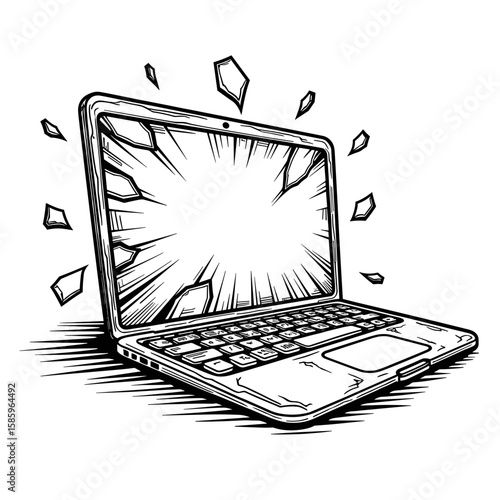 Broken laptop screen with flying shards – Hardware damage, repair needs