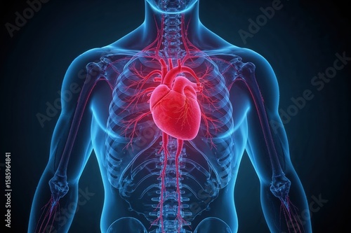 Glowing red heart inside transparent human torso x-ray style medical visualization for cardiac health awareness campaigns and medical training materials
