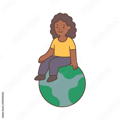 Illustration of a confident woman sitting on top of the Earth, symbolizing women's global impact, empowerment, and equal role in shaping the world. Perfect for celebrating Women's Equality Day.