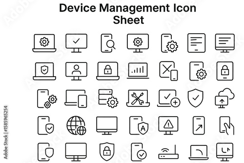 Device Management Icon Sheet: A comprehensive, vector-based sheet featuring various device management icons, encompassing a wide array of digital device control functionalities.