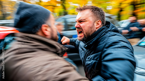 Two angry motorists fighting on the road - toxic masculinity, road rage