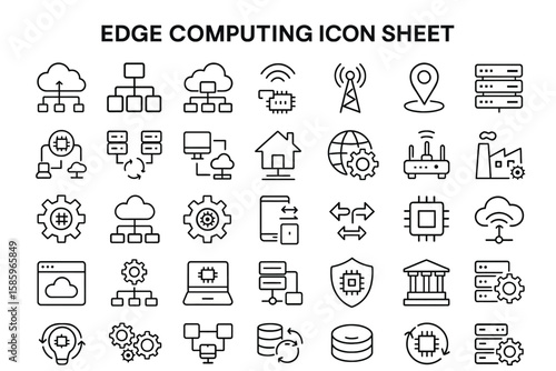 Edge Computing Icon Sheet: An intricate set of minimalistic black line art icons represents edge computing concepts and technologies, ideal for tech-related designs.