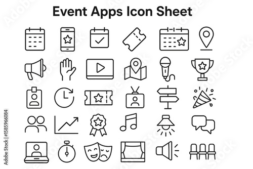 Event Apps Icon Sheet: A comprehensive collection of neatly designed line icons for event management mobile applications. Perfect for developers and designers.