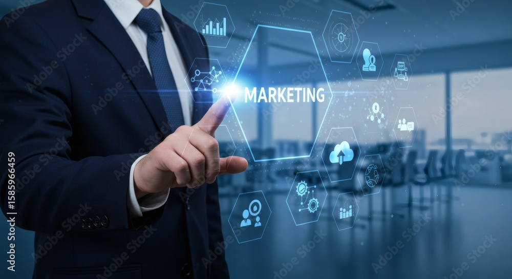 Person Touching Glowing Marketing Concept with Business Icons Person Touching Glowing Marketing Concept with Business Icons