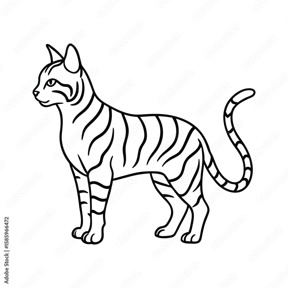 Obraz premium Black and white line drawing of a striped cat standing profile isolated on white background