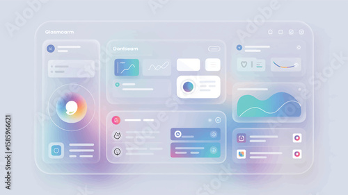 Frosted glass interface colorful data visualizations icons dashboard technology