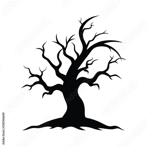 Spooky tree silhouette with twisted limbs and eerie shape on clean white background