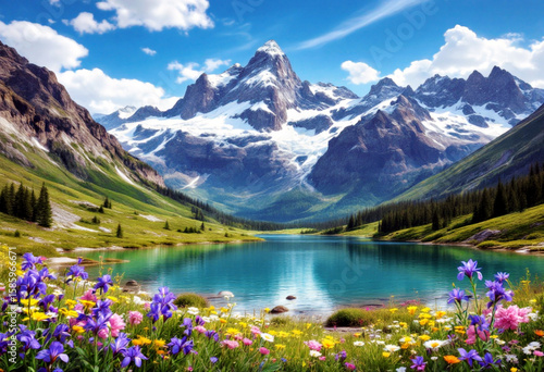 Lac de montage bordé de fleurs.