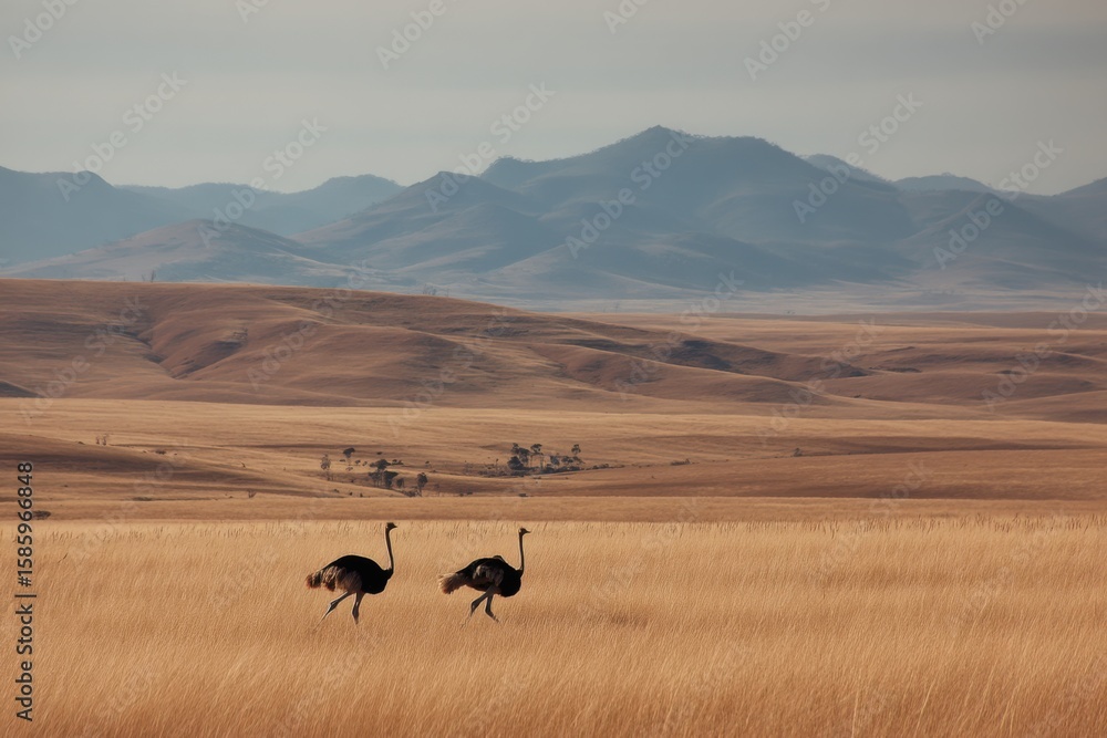Obraz premium Ostriches sprinting through golden plains against a breathtaking mountain backdrop