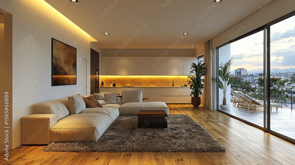 Fototapeta premium Modern open plan living area with city view