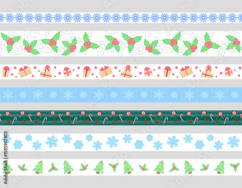 Different ribbons with Christmas decor, isolated on a grey background. Collection of various horizontal edging with gift boxes, mistletoe, snowflakes and Xmas sweets. Vector set of seamless borders