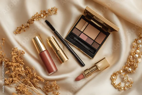 Fototapeta samoprzylepna Luxurious makeup essentials elegantly arranged on a silky background showcase beauty products, jewelry, and cosmetic items for a stylish look.