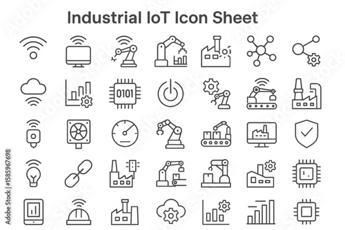 Industrial IoT Icon Sheet: A comprehensive collection of meticulously crafted icons, representing the intricate world of the Internet of Things within the industrial sector. conveying information.