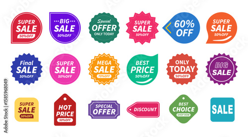 Set of Sale badges. Vintage sale quality tags, labels, sale banner promotions, special offer, discount, Black Friday and colorful sticker design. Vector illustration.