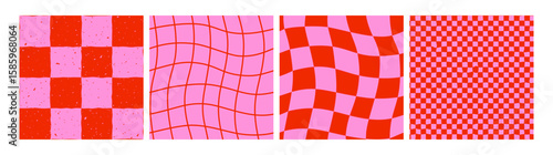 Retro checker pattern backgrounds in red and pink with wavy, distorted grid and grunge texture. Seamless checkerboard vector for funky wallpaper, fabric, wrapping paper, print. Drag to swatches panel