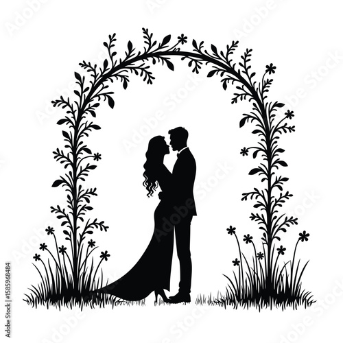 Couple embracing under floral archway silhouette
