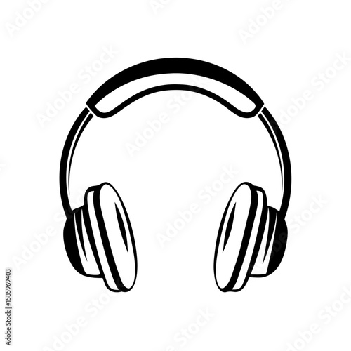 Black and white headphones icon on white background for sound and music themes