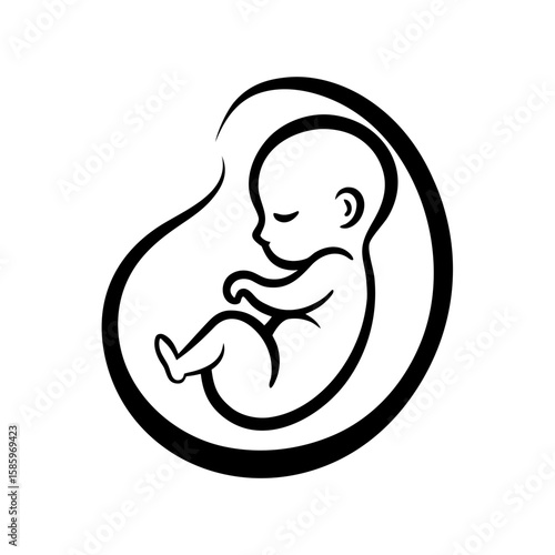 Stylized black and white illustration of a fetus in womb