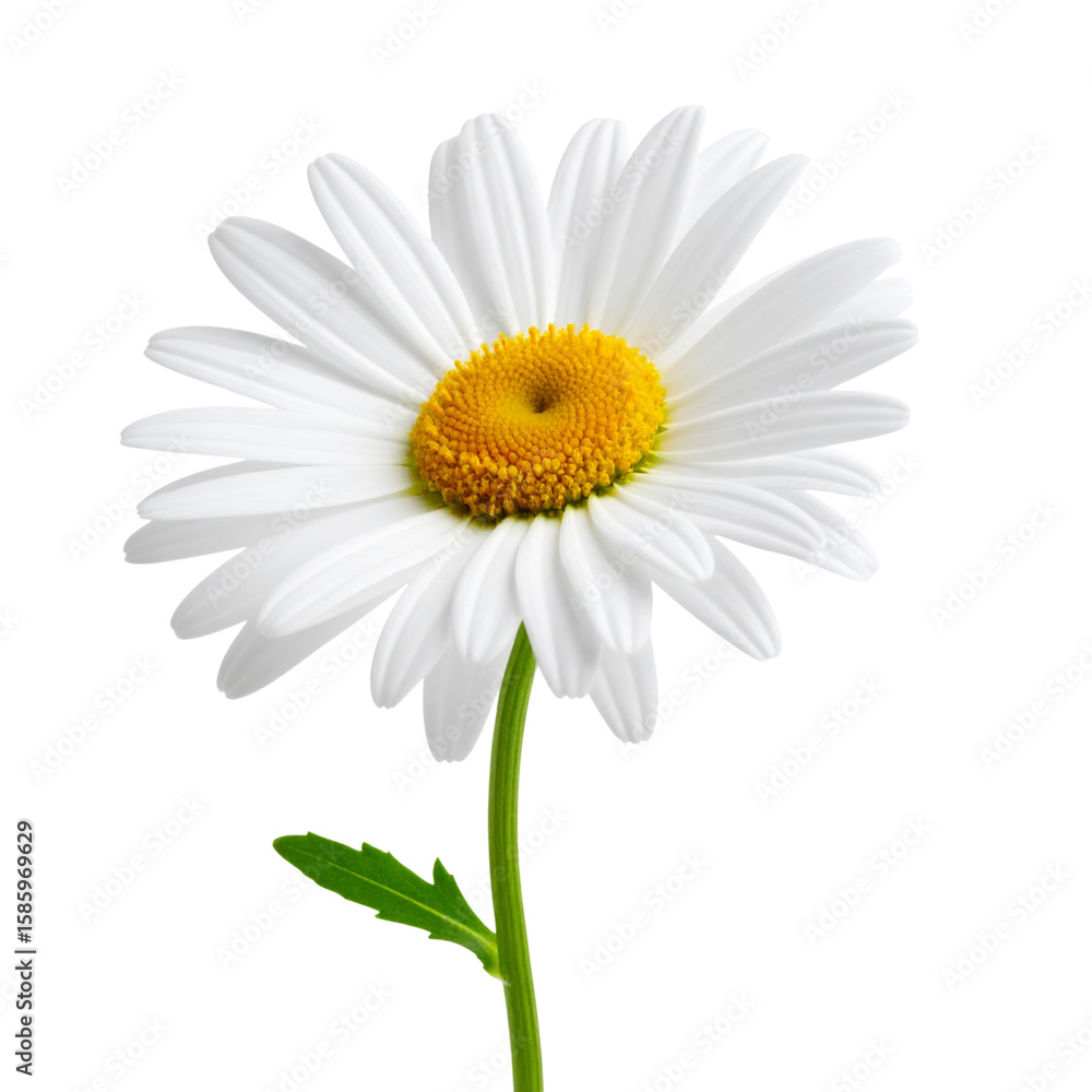 Fototapeta premium Angled Side View of Common Daisy Bloom with Curved Stem and Leaves, Transparent Background