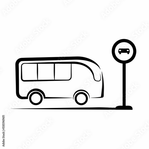 Black and white bus icon with bus stop sign on white background