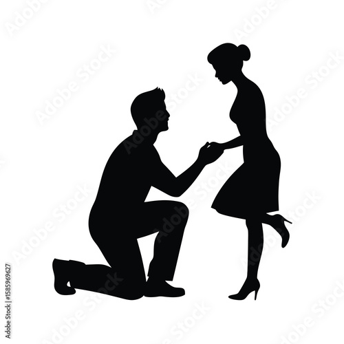 Romantic silhouette of man proposing on one knee expressing love commitment with white background